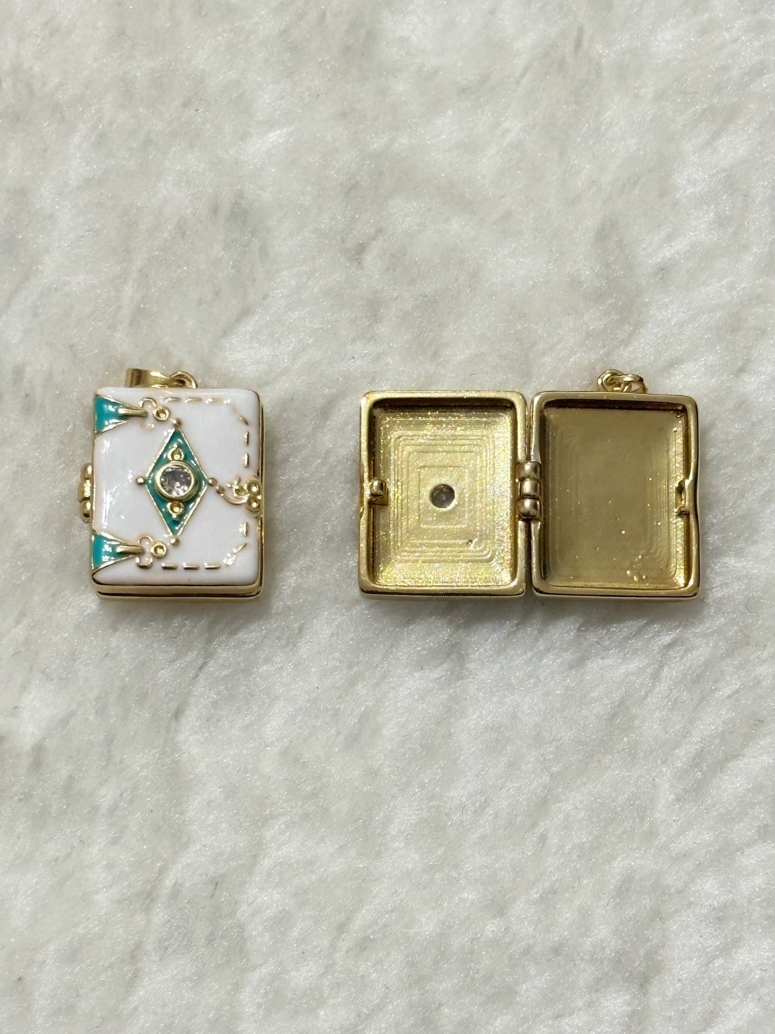 Book Locket Charm - White and Teal