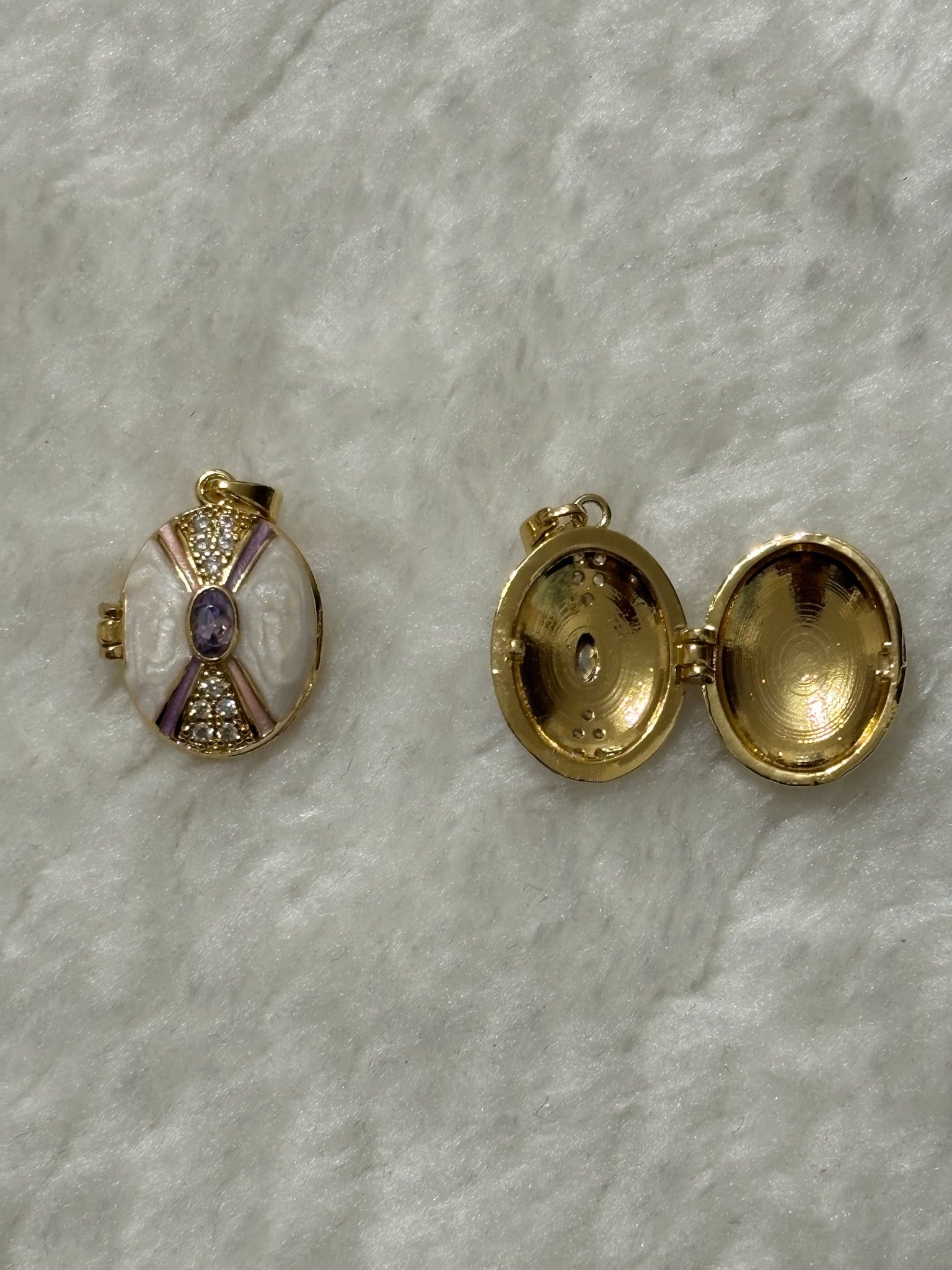 Oval Locket Charm - Lilac and Crystal