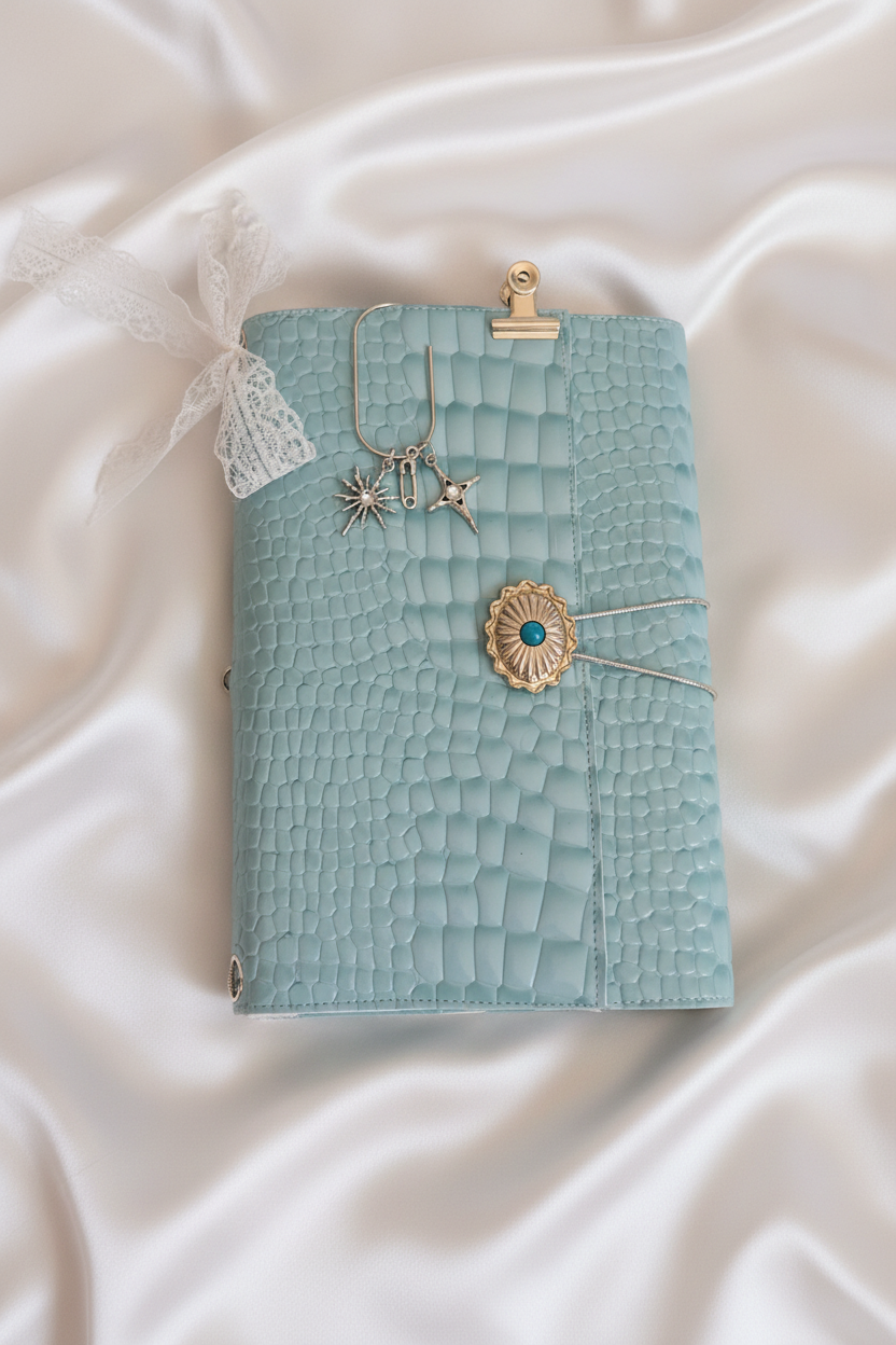 Blue Croc Journal on White Silk